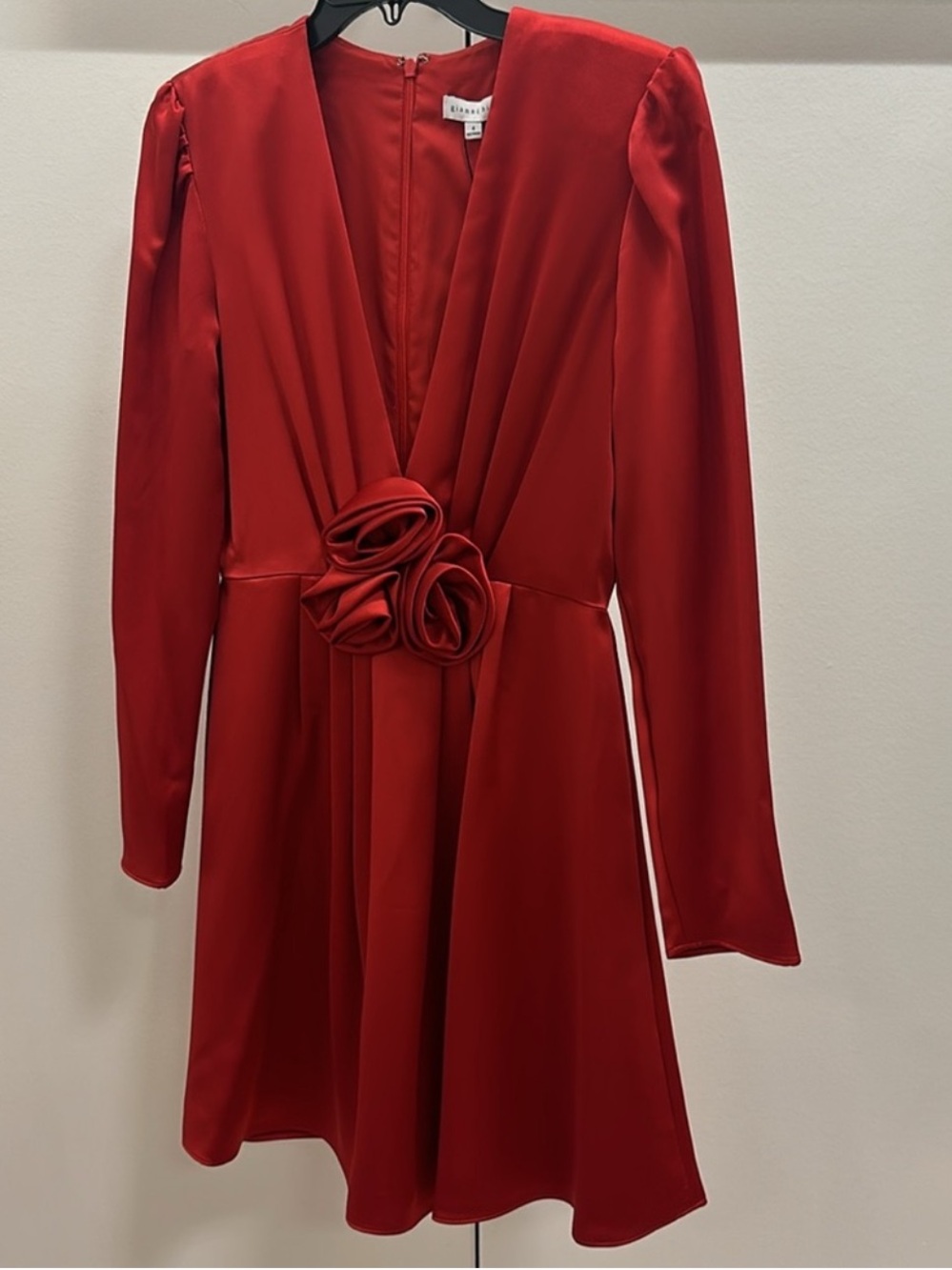 NWT Gianni Bini Bastian Satin V-Neck Rosette Long Sleeve A-Line Dress - Picture 7 of 11